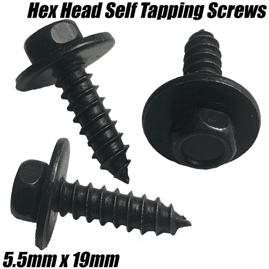 10x 5.5mmx19mm Hex Head Self Tapping Screws with Washers Black