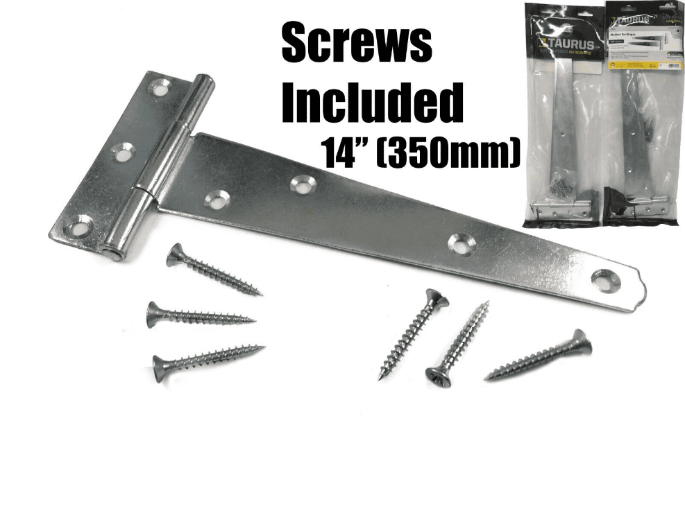 2X Tee Hinges Heavy Duty Gate Shed Door Hinge Fixing Screw 14" 350mm 1 Pair Zinc
