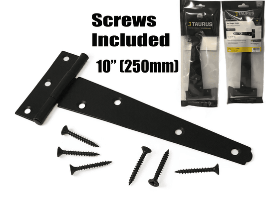 2X Tee Hinges Light Duty Gate Shed Door Hinge Fixing Screw 10" 250mm Black 1Pair