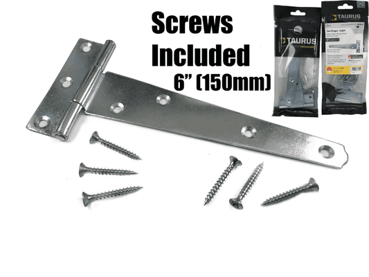 2X Tee Hinges Light Duty Gate Shed Door Hinge Fixing Screws 6" 150mm 1 Pair Zinc