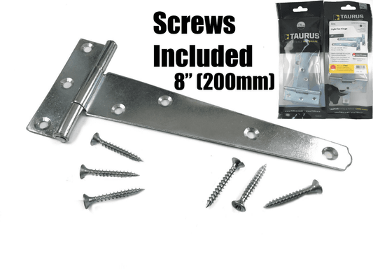 2X Tee Hinges Light Duty Gate Shed Door Hinge Fixing Screws 8" 200mm 1 Pair Zinc