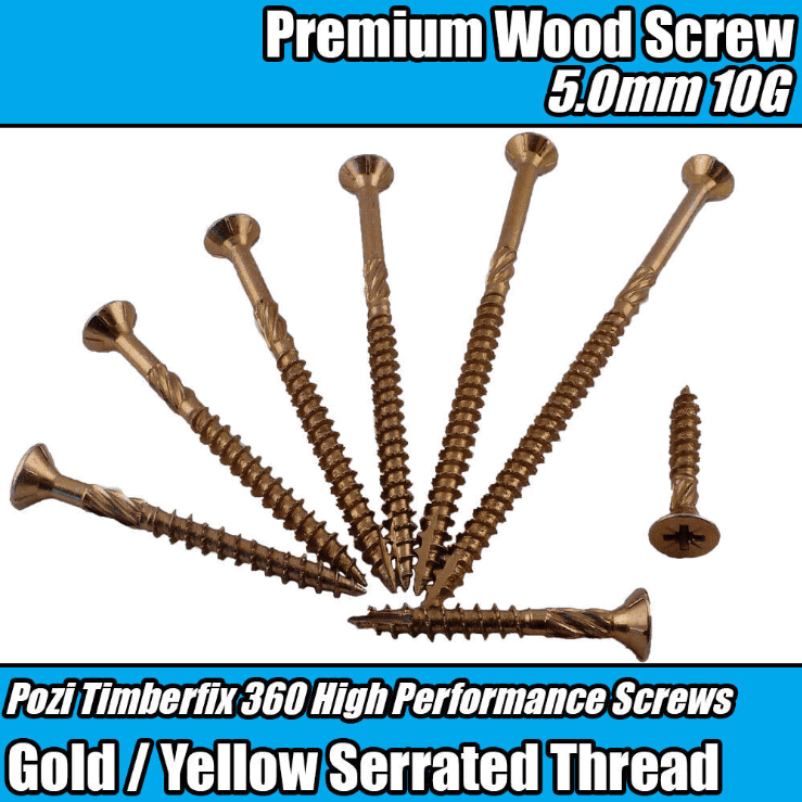 5.0mm 10G All Sizes Premium Wood Screws Cutter Thread Pozi Csk Timberfix Gold