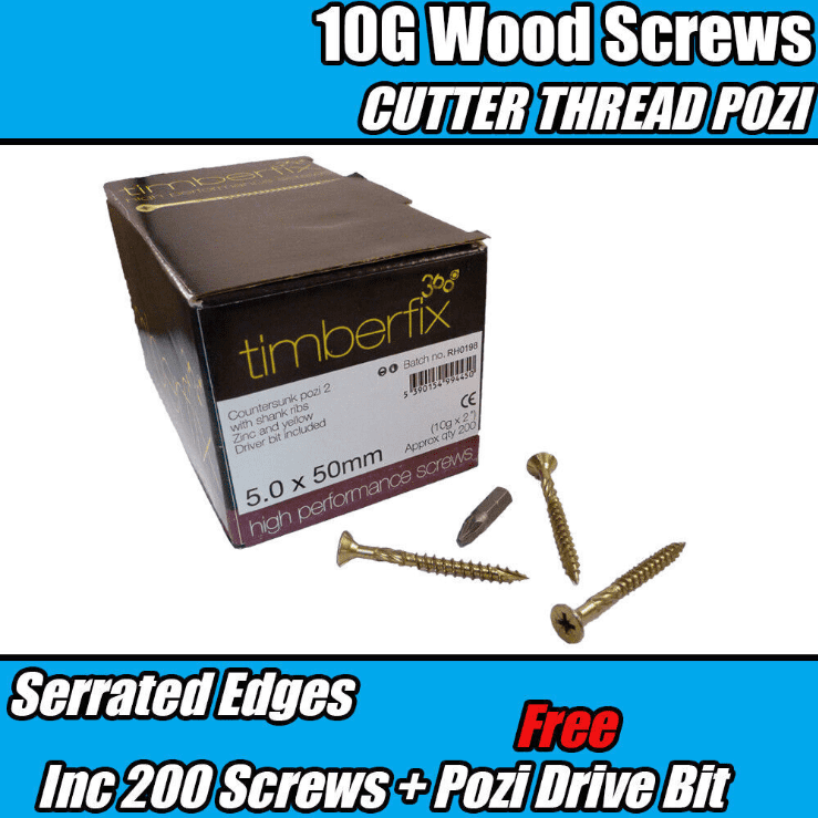 5.0mmx50mm 10G Premium Wood Screws Cutter Thread Pozi Csk Timberfix 360 Gold