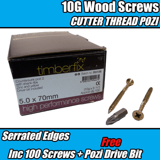 5.0mmx70mm 10G Premium Wood Screws Cutter Thread Pozi Csk Timberfix 360 Gold