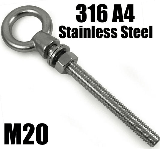 M20X150mm A4 316 Marine Grade Stainless Steel Lifting Eye Bolt Longshank Nut