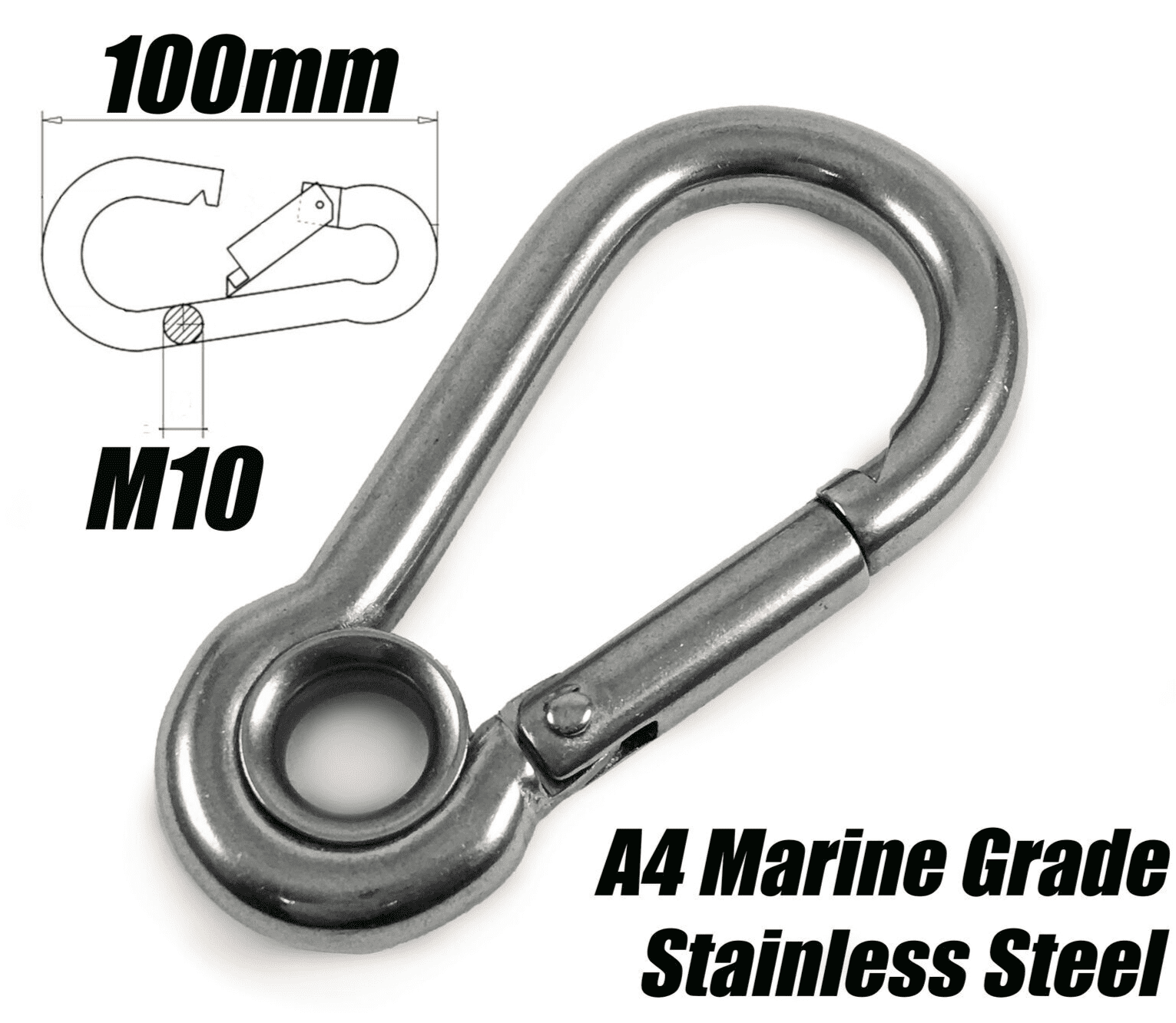 A4 Marine Grade Stainless Steel Carabiner Spring Hook Clip W/ Eyelet M10x100mm
