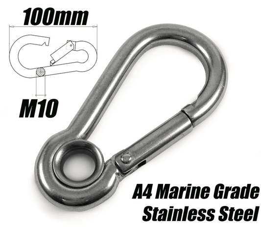 A4 Marine Grade Stainless Steel Carabiner Spring Hook Clip W/ Eyelet M10x100mm