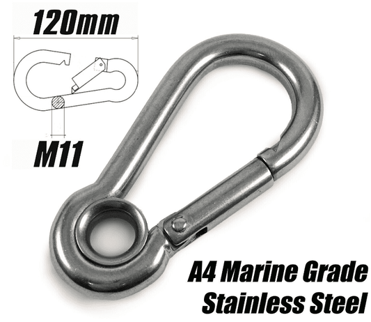 A4 Marine Grade Stainless Steel Carabiner Spring Hook Clip W Eyelet M11 x 120mm