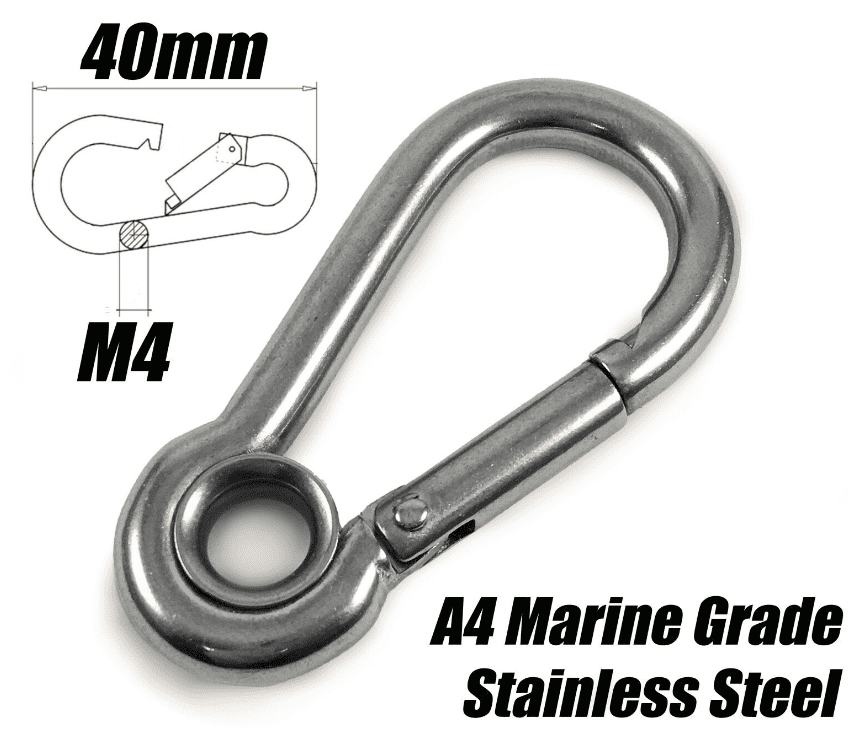 A4 Marine Grade Stainless Steel Carabiner Spring Hook Clip With Eyelet M4X40mm