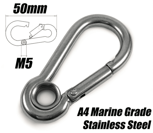 A4 Marine Grade Stainless Steel Carabiner Spring Hook Clip With Eyelet M5x50mm