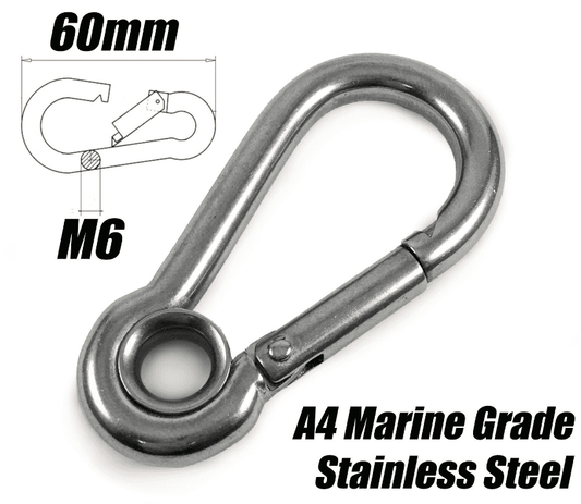 A4 Marine Grade Stainless Steel Carabiner Spring Hook Clip With Eyelet M6X60mm