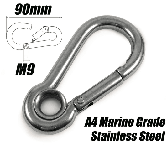 A4 Marine Grade Stainless Steel Carabiner Spring Hook Clip With Eyelet M9X90mm