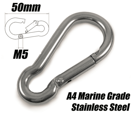 A4 Marine Grade Stainless Steel Carabiner Spring Hook Snap Rope Clips M5x50mm