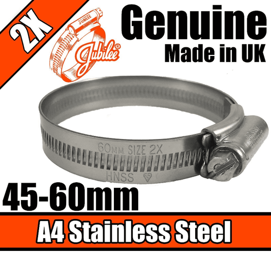 Jubilee A4 Marine Stainless Steel Clips Hose Pipe Clamp Worm Drive 45-60mm 2X