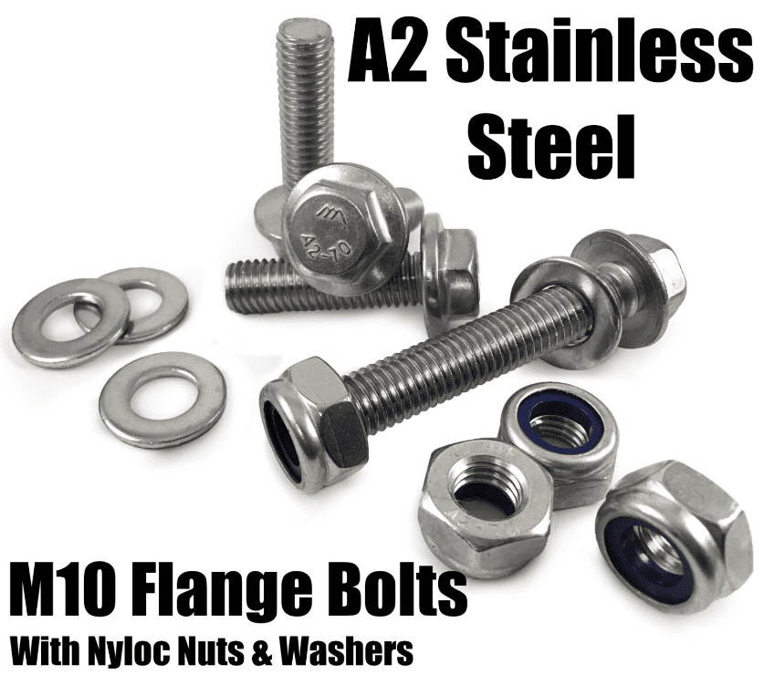 M10 A2 Stainless Steel Hex Head Flange Bolts With A2 Lock Nyloc Nuts & Washers
