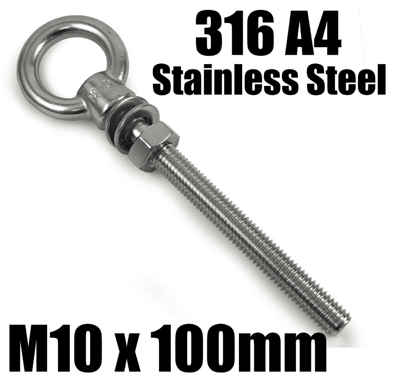 M10x100mm A4 316 Marine Grade Stainless Steel Lifting Eye Bolt Longshank Nut