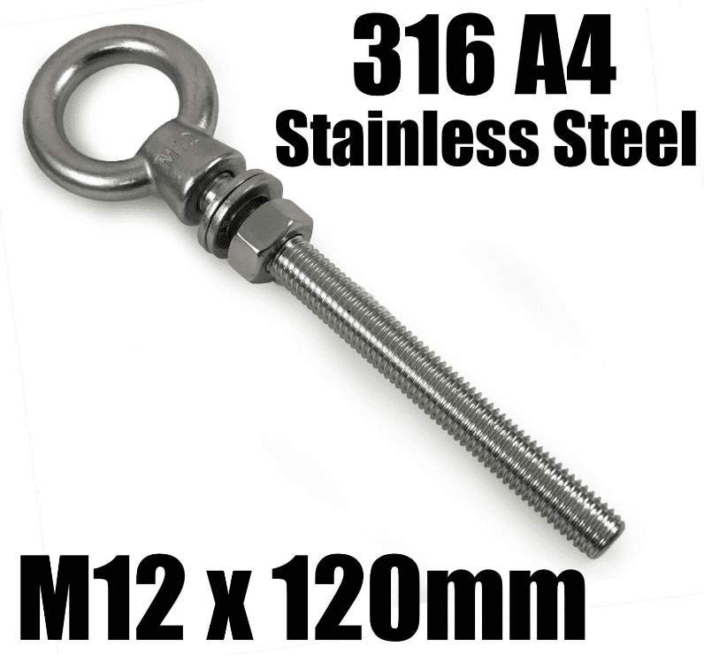 M12X120mm A4 316 Marine Grade Stainless Steel Lifting Eye Bolt Longshank Nut