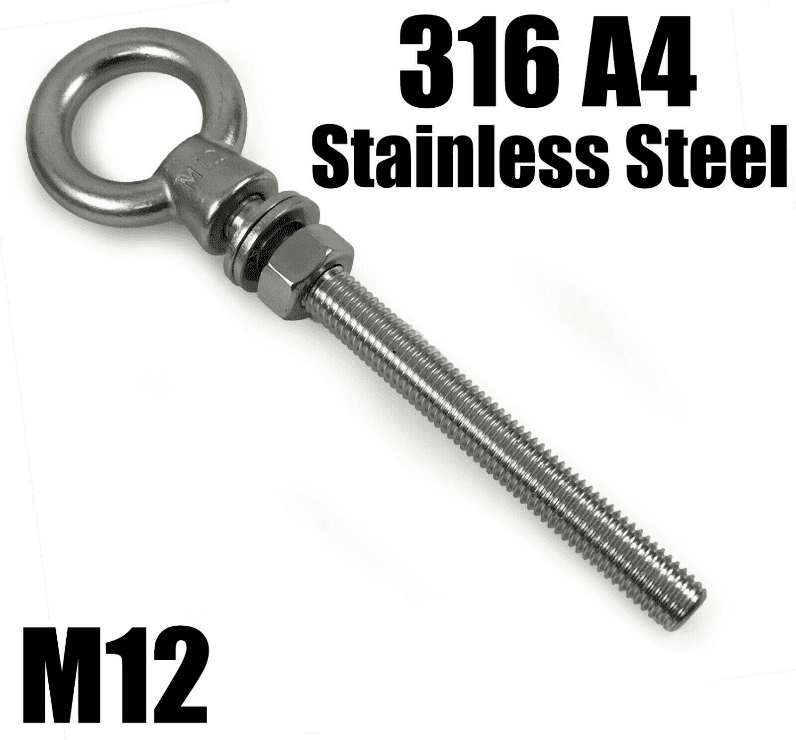 M12X165mm A4 316 Marine Grade Stainless Steel Lifting Eye Bolt Longshank Nut