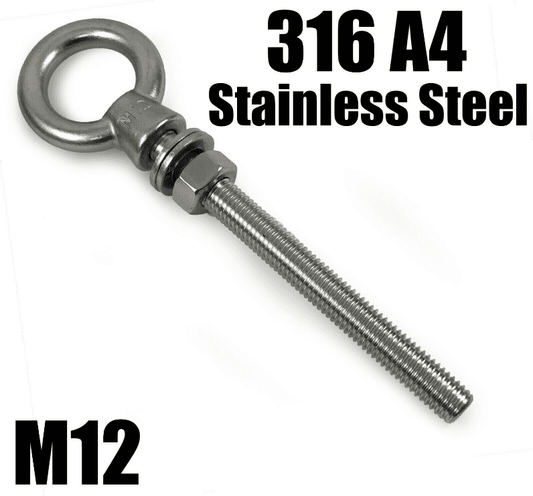 M12X165mm A4 316 Marine Grade Stainless Steel Lifting Eye Bolt Longshank Nut