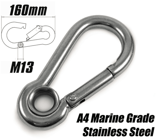 M13 x 160mm Eyelet Marine Grade A4 Stainless Steel Carabiner Spring Hook Clip
