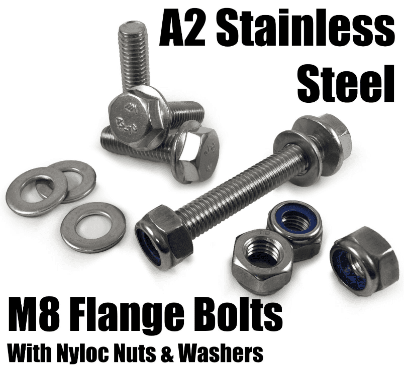 M8 A2 Stainless Steel Hex Head Flange Bolts With A2 Locking Nyloc Nuts & Washers