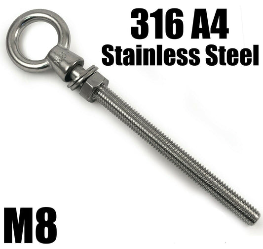 M8x150mm A4 Marine Grade Stainless Steel Lifting Eye Bolt Long Shank