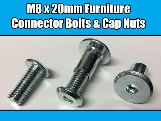 M8X20mm Furniture Connector Bolts & Cap Nuts Allen Key Flat Head Joint Fixing