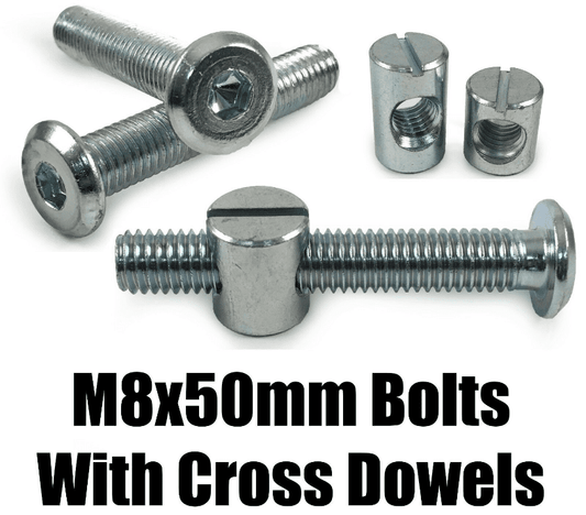 M8X50mm Furniture Connector Bolts & Cross Dowel Barrel Nuts Unit Bed Cot Desk
