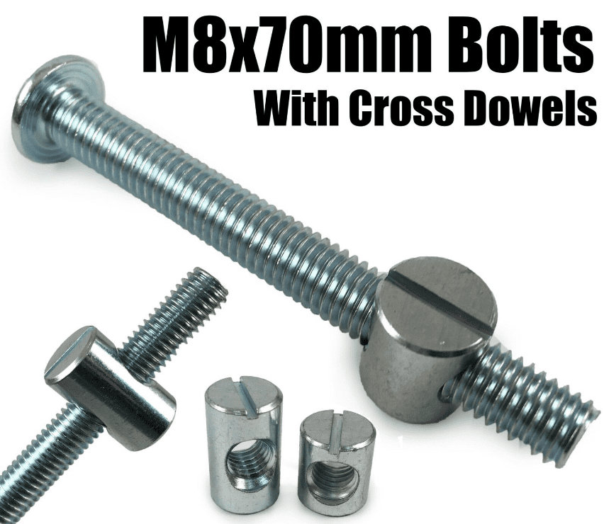 M8X70mm Furniture Connector Bolts & Cross Dowel Barrel Nuts Unit Bed Cot Desk