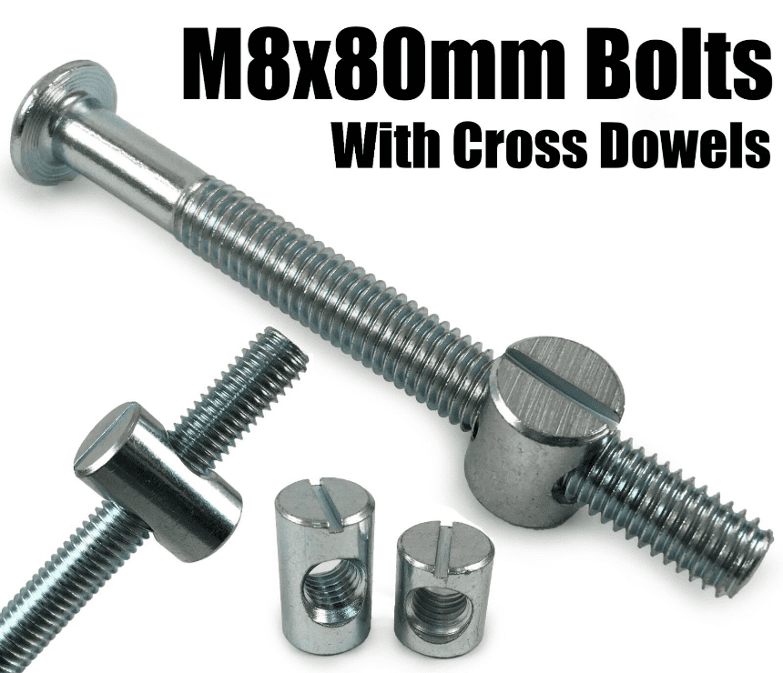 M8X80mm Furniture Connector Bolts & Cross Dowel Barrel Nuts Unit Bed Cot Desk