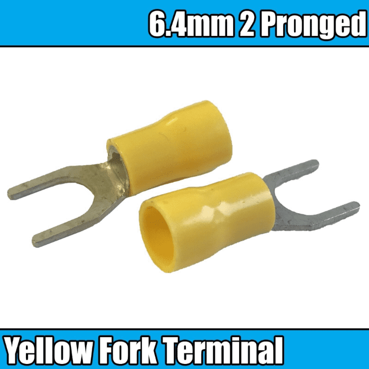 Yellow Insulated Electrical Splice Crimp 6.4mm fork 2 Pins Terminals Cable Wire