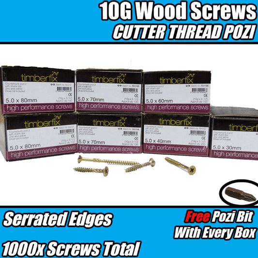 1000X Mixed Pack 5.0mm 10G Premium Wood Screws Pozi Csk Timberfix