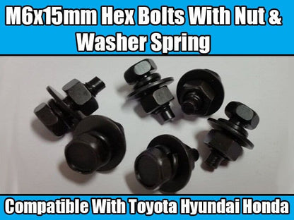 10x M6X 15mm Hex Bolts for Toyota Hyundai Honda Black Washer Nut & Spring Washer