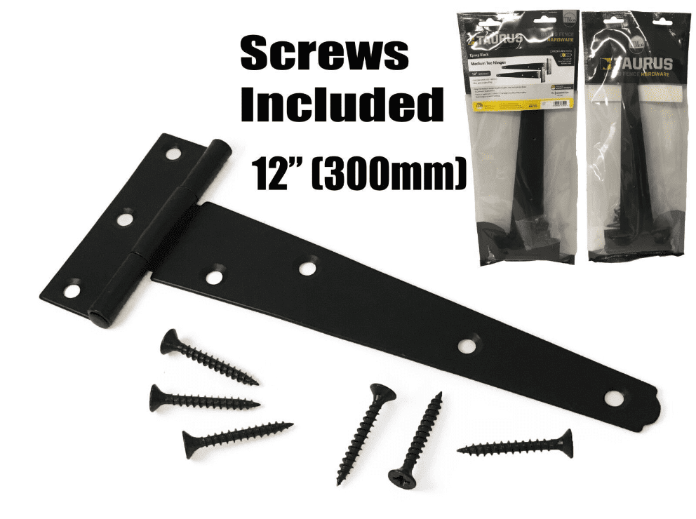 2x Gate Shed Door Tee Hinges with Fixing Screws 12" 300mm Black 1 Pair