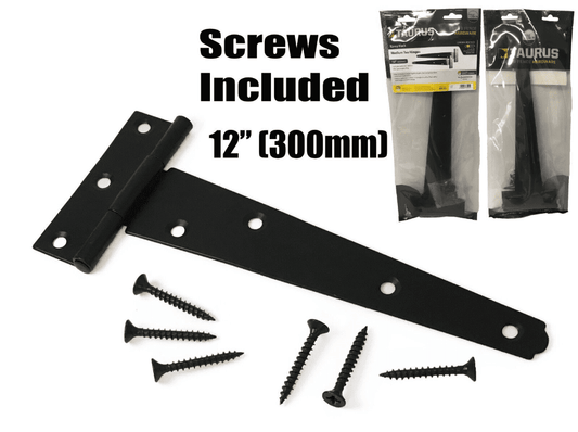 2x Gate Shed Door Tee Hinges with Fixing Screws 12" 300mm Black 1 Pair