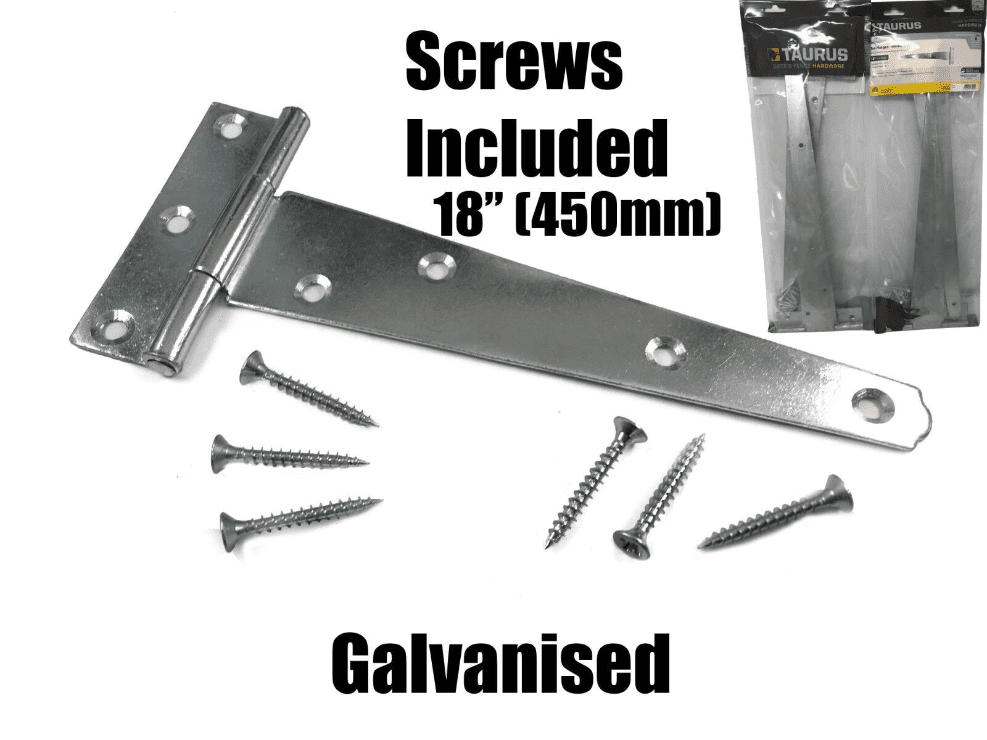 2X Tee Hinges Heavy Duty Gate Shed Door Fixing Screw 18" 450mm 1 Pair Galvanised