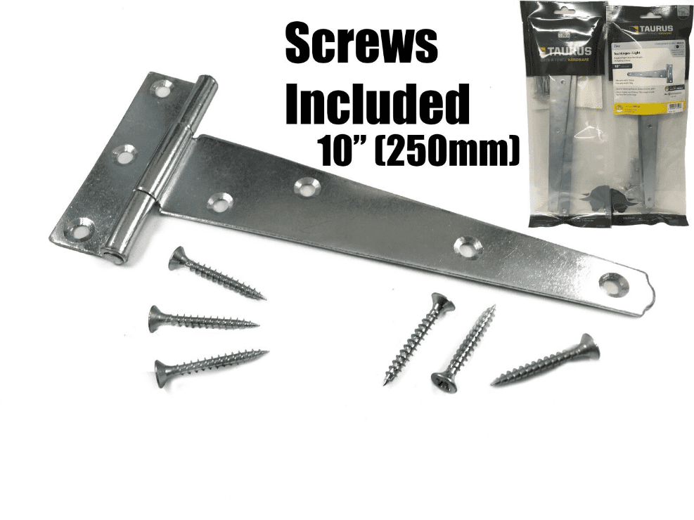 2X Tee Hinges Light Duty Gate Shed Door Hinge Fixing Screw 10" 250mm 1 Pair Zinc