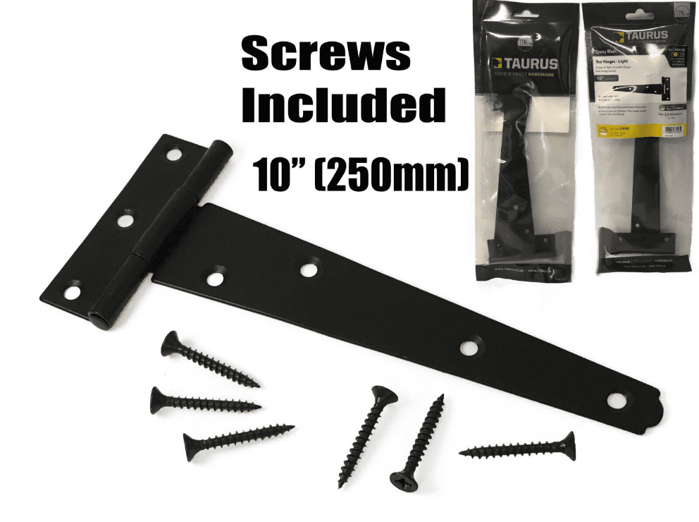 2X Tee Hinges Light Duty Gate Shed Door Hinge Fixing Screw 10" 250mm Black 1Pair