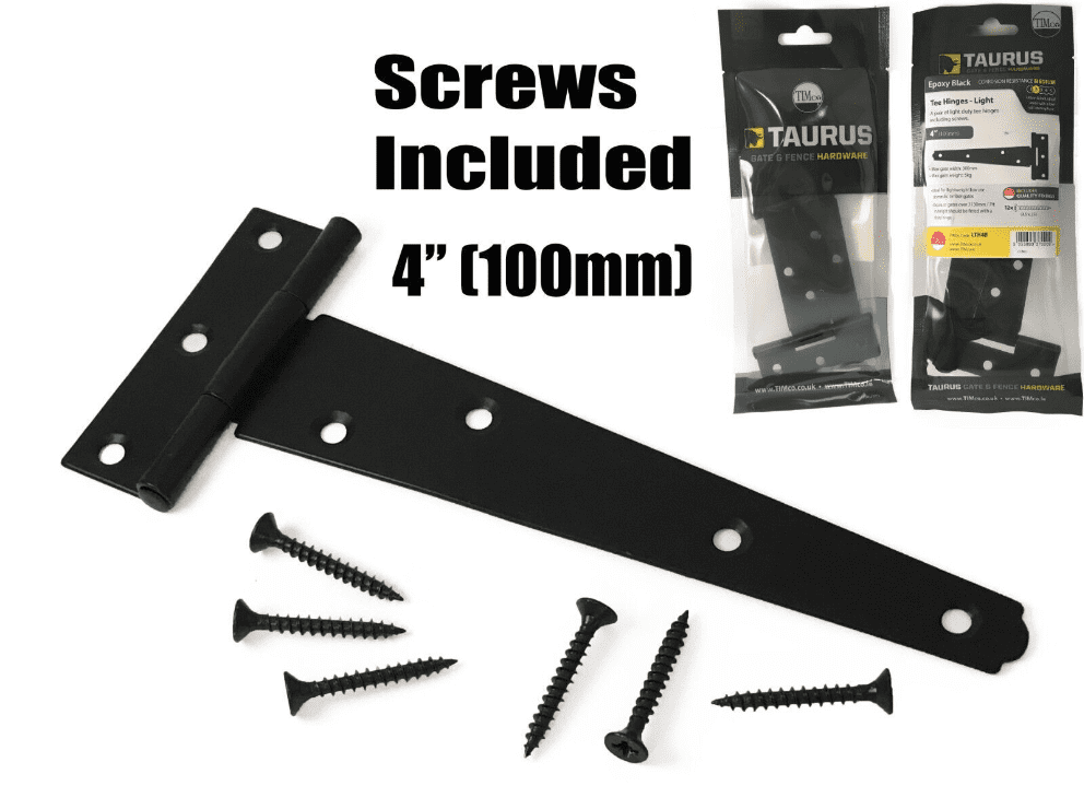 2X Tee Hinges Light Duty Gate Shed Door Hinge Fixing Screw 4" 100mm 1 Pair Black