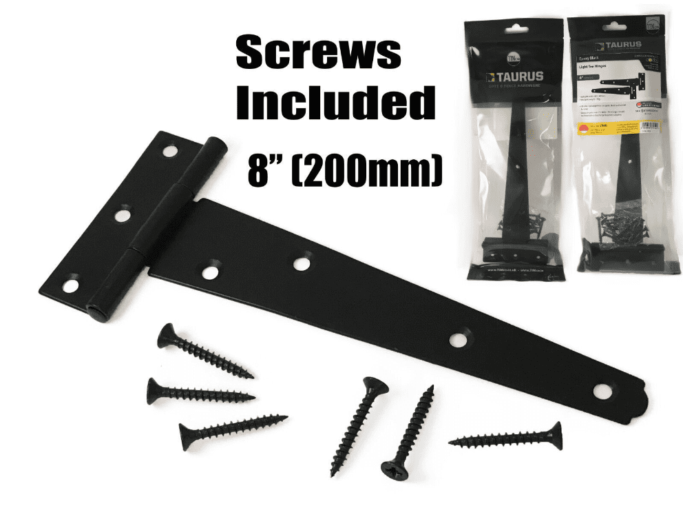 2X Tee Hinges Light Duty Gate Shed Door Hinge Fixing Screw 8" 200mm 1 Pair Black