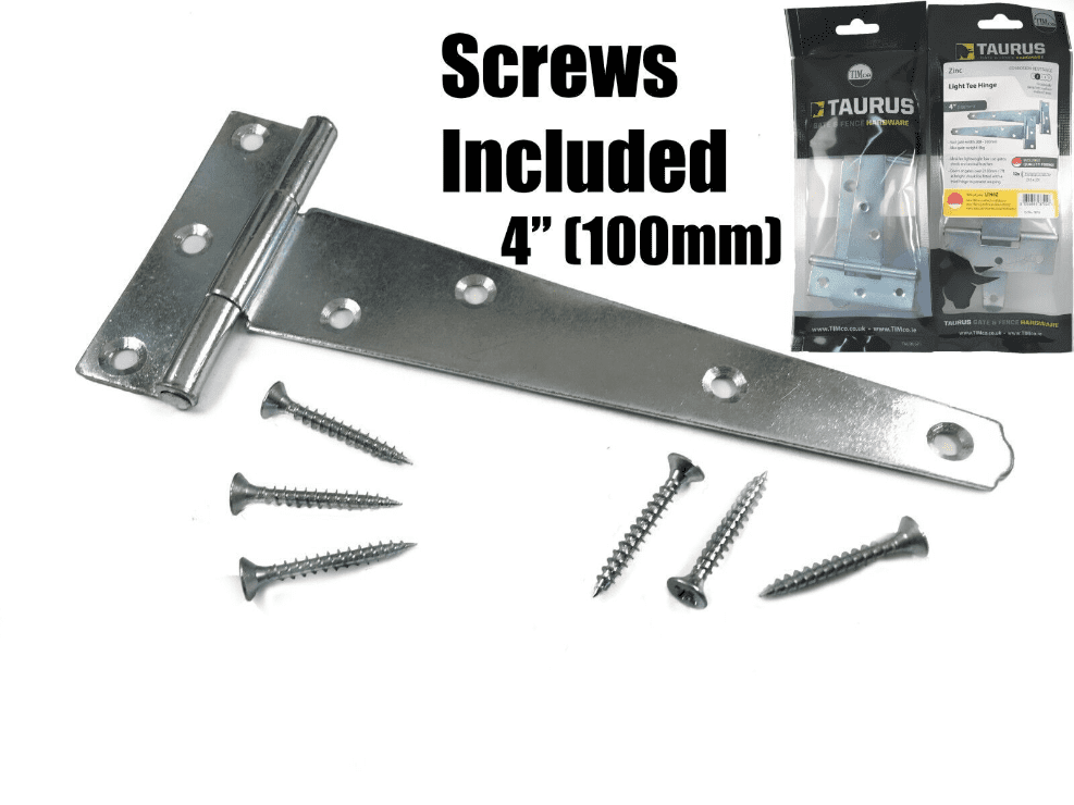 2X Tee Hinges Light Duty Gate Shed Door Hinge Fixing Screws 4" 100mm 1 Pair Zinc
