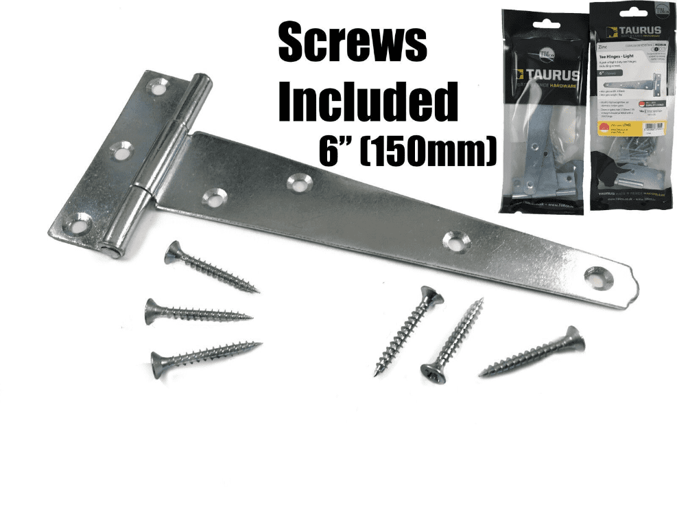2X Tee Hinges Light Duty Gate Shed Door Hinge Fixing Screws 6" 150mm 1 Pair Zinc