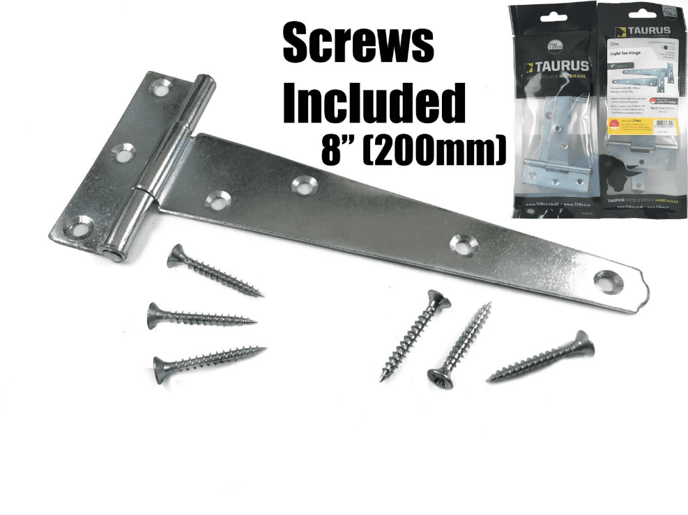 2X Tee Hinges Light Duty Gate Shed Door Hinge Fixing Screws 8" 200mm 1 Pair Zinc