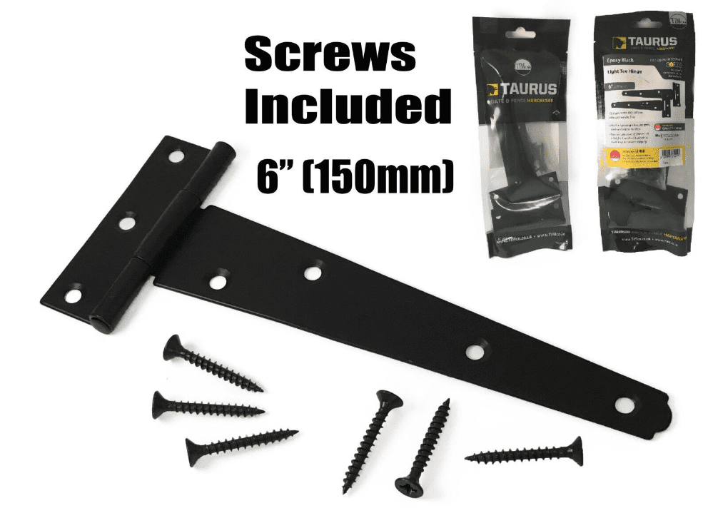 2X Tee Hinges Light Duty Gate Shed Door Hinge With Screws 6" 150mm Black 1 Pair