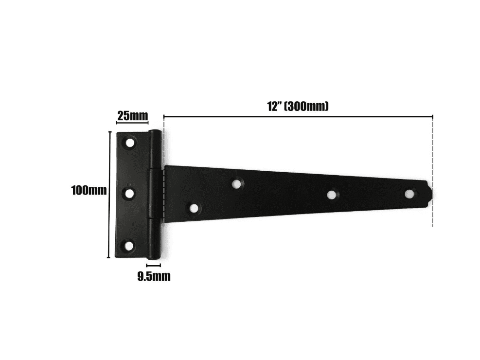 2X Tee Hinges Medium Duty Gate Shed Door Fixing Screw 12" 300mm Black 1 Pair