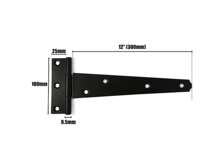 2X Tee Hinges Medium Duty Gate Shed Door Fixing Screw 12" 300mm Black 1 Pair