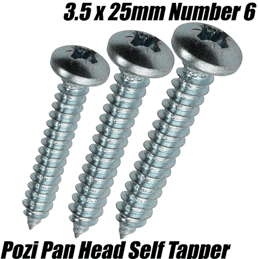 3.5x25mm Number 6 Pozi Pan Head Self Tapper Tapping Screw Bright Zinc Plate
