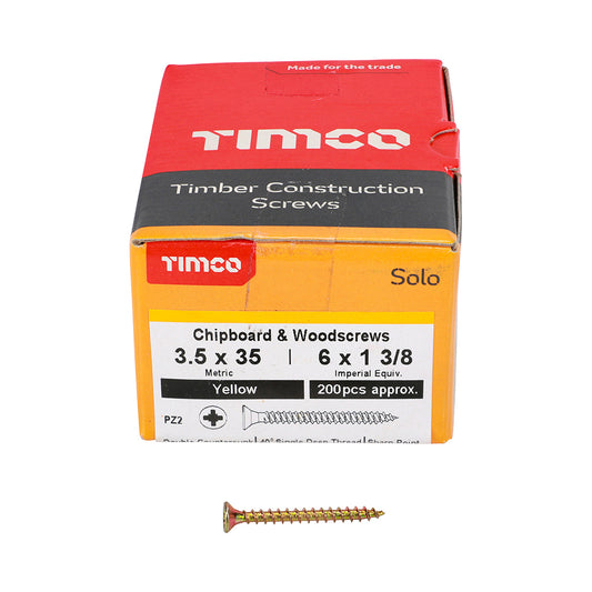 200x Timco 6G 3.5mm Solo Wood Screws Zinc Yellow Pozi Head Countersunk 12mm - 50mm