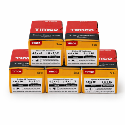1000x Timco 8G 4mm Solo Wood Screws Yellow Pozi Countersunk Chipboard 15mm - 70mm