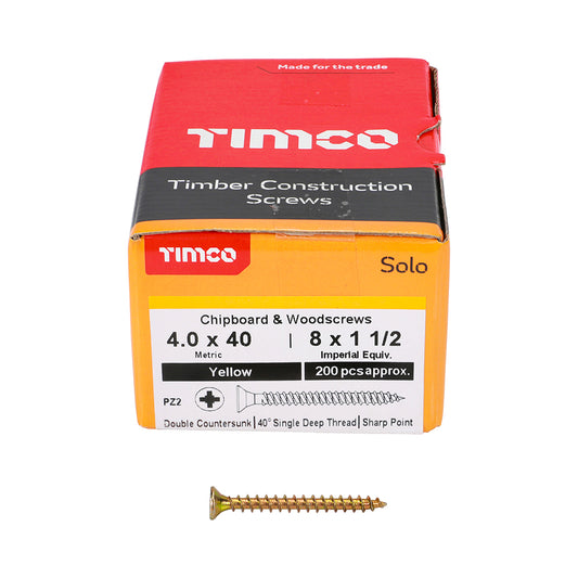 200x Timco 8G 4mm Solo Wood Screws Zinc Yellow Pozi Head Countersunk 15mm - 80mm